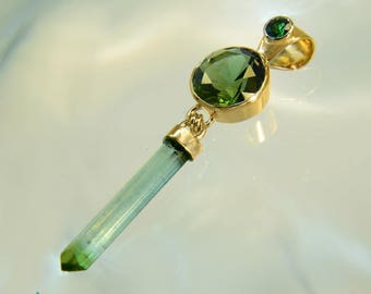 18kt Gold Chrome Diopside, Moldavite & Bicolor Tourmaline Crystal Pendant GP025
