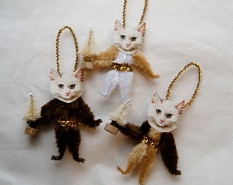 Christmas Chenille Cat Ornaments, Primitive Vintage Style Chenille Ornaments, Pet lover, 3 ornaments (21c)