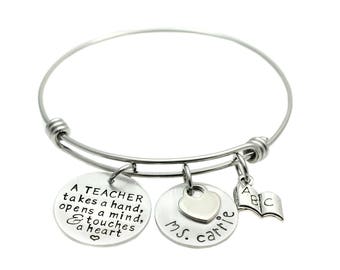 Teacher Bracelet - Gift for Teacher - Charm Bracelet - Expandable Bangle - Teacher Appreciation - Touches a Heart - End of Year Gift