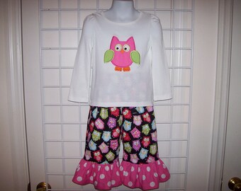 Owl Applique T-shirt with Ruffle Capri or Pants Set 12 mo 18 mo 24 mo 2T 3T 4T 5T 6-6X