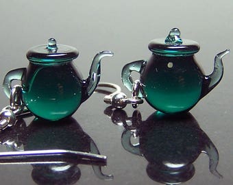 Teal green tea tiny Teapots - handmade transparent solid glass dangling earrings