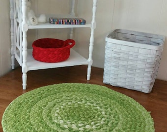 Green braided cotton rug 30" across shabby chic
