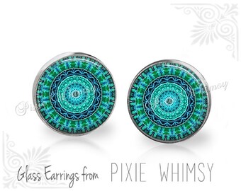MANDALA Earrings, Mandala Stud Earrings, Mandala Post Earrings, Stud Earrings, Pierced Earrings, Mandala Jewelry Geometric Turquoise Aqua