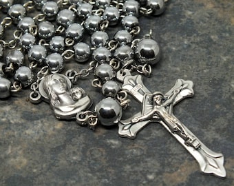 Silver Hematite Rosary, 5 Decade Rosary, Silver Rosary, Men's Rosary, Catholic Rosary, Prayer Beads