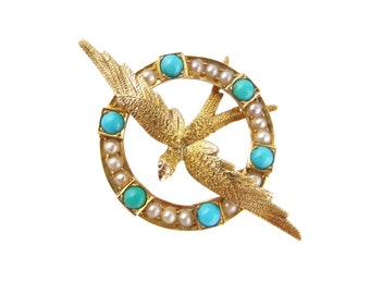 Antique Swallow Brooch, Victorian Turquoise Seed Pearl Brooch, In 15ct Gold, Antique Pearl Turquoise Brooch, Bird Brooch, 15ct Gold Brooch