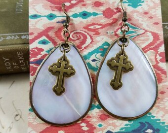 Shell Guitar Pick Cross Boho Cross Dangle Earrings