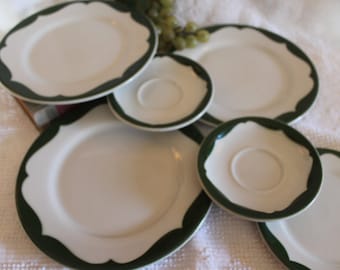 Collection of Wellsville China Restaurant Ware Plates - Green and White Holiday on Cosmopolitan