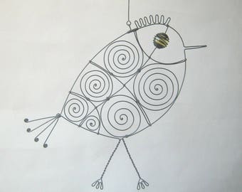 Wire Bird Sculpture In Yellow With Legs
