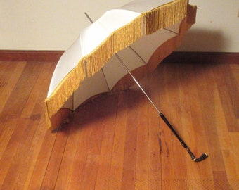 Vintage White Silk Parasol w/Gold Fringe And Unusual B&W Carved Stone Handle
