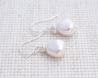 Brides White Keishi Pearls, Swarovski Crystal White Pearls, Wedding White Pearls, Sterling Silver Earrings, Ready to Ship