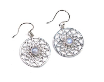 Circle Mandala White Brass Earrings handmade, Lotus Design Moonstone Tribal Dangle Earrings, , Gift boxed, Free UK postage WB33