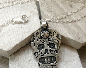 Sugar Skull Necklace in Sterling Silver or Copper or Bronze Dia De Los Muertos Necklace