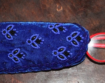 CLEARANCE Glass Holder , Electric blue velvet beaded eye Glass Holder , handcrafted Glass Case glass , Beaded Glass Case