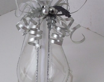 Clear Blown Pear Shaped Glass Christmas Ornament Soft Metal Industrial Steampunk Accents Garland Holiday Splender Simple Elegant Tree Decor