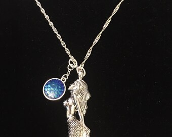 Sterling Silver Mermaid Necklace With Blue Sea Glass