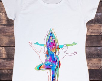 Women's T-Shirt Yoga Meditation Poses colourful paint splatter Print TS1103