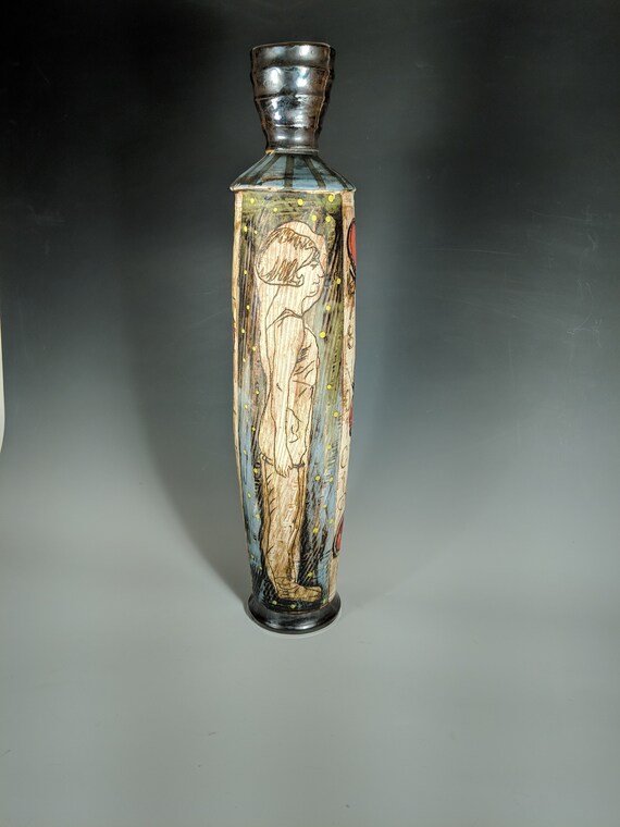 Handmade Ceramic Tall Vase with Athlete and Pansy's