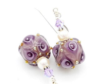 Purple Earrings, Lampwork Earrings, Pearl Earrings, Glass Bead Earrings, Glass Earrings, Unique Earrings, Colorful Earrings,Unusual Earrings