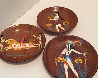 3 Knossos Clay Pottery Bowls Crete Greece Greek Leaping Bull Fresco (z)