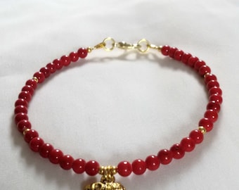Bracelet - Elephant Bracelet - Red Coral with Elephant Charm - Boho Bracelet - Red Bracelet -