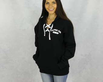 Alpha Phi Hooded Lace Up Sweatshirt in Black