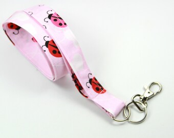 LADYBUG Fabric Lanyard, Ladybug badge Holder, Pink ladybug Lanyard, Pink Badge Holder