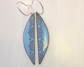 Margarita Earrings, Enamel on Copper, Flower Border, Leaf Blade, Glass Enamel, Sterling Silver or Antique Copper Ear Wires