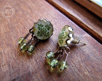 Mexican folk art earrings, Mexican tile design, Mexican Jewelry, Talavera tile design, green earrings, Studs, Posts