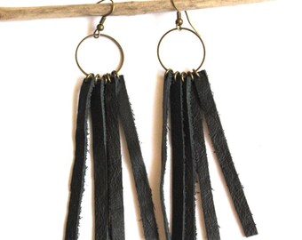 Black Leather Fringe Earrings