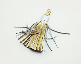 Leather Tassel, Large, White and Gold tassel keychain