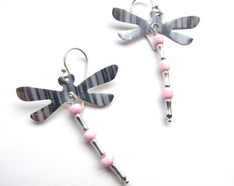 Pink and Silver Dragonfly Earrings from Recycled Soda Cans