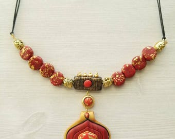 SILK STORIES - Polymer Clay Fashion Jewelry, EthnicLook necklace set, Jewel tones,