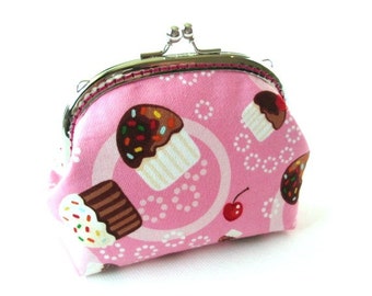 Cupcake frame purse pink cotton fabric - silver metal kiss lock clasp - makeup bag - pink coin pouch