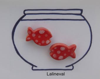 Stud Earrings ceramic fish mini red polka dots