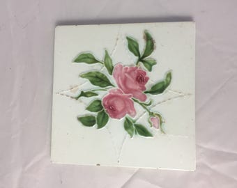 Antique English Majolica Pottery Tile Cabbage Rose Art Nouveau England Vintage Home Decor Art