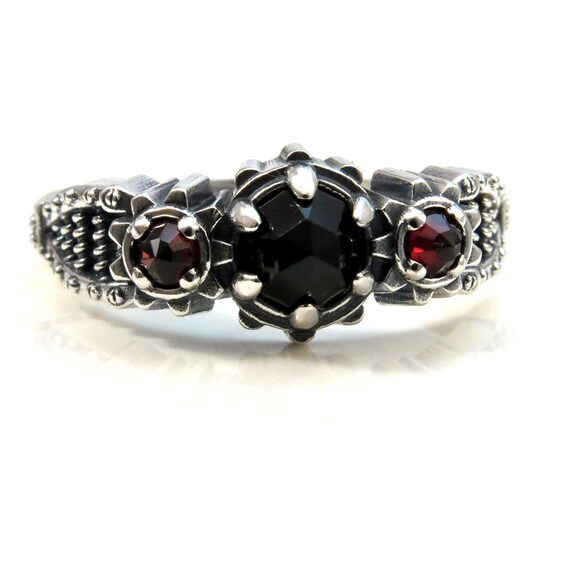 Ready to Ship Size 6-8 - Silver Steampunk Engagement Ring - Rose Cut Black Spinel and Rose Cut Red Garnets