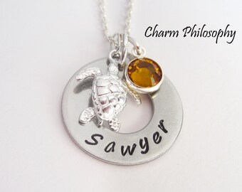 Sea Turtle Name Necklace - Personalized Hand Stamped Name and Birthstone - Sea Turtle Charm Necklace