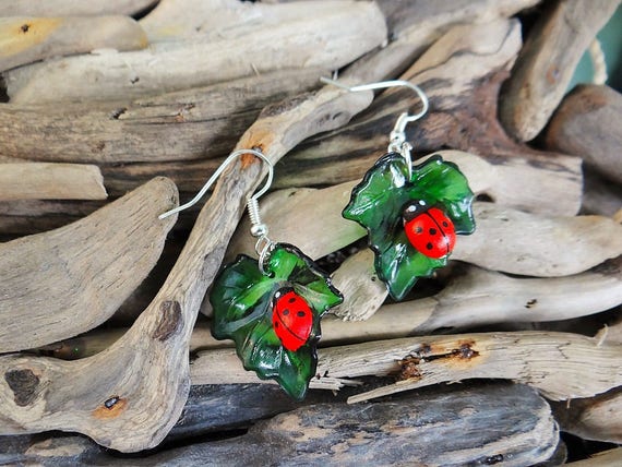 Ladybug Earrings Lady Bug Ladybeetle Ladybird Lady Bird Lady Beetle Leaf Leaves Earring Ear Ring Rings Earings Cute Kawaii