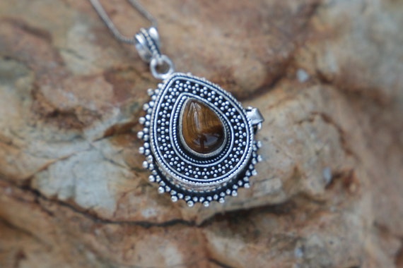 TIGERS EYE LOCKET - Pill box - Silver plated - Mantra Box - Crystal - Gemstone - Stash box Necklace - Festival - Perfume - Sale - Keepsake