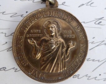 Antique devotional copper medal Sacred Heart of Jesus, Apostolate of prayer