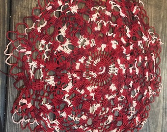 Vintage deep red doily. Hand crocheted.