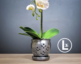 Hilo 2018 Edition (LARGE 7.0") Handmade Ceramic Orchid Pot With Attached Saucer, Orchid Planter, Glazed Pottery | Gift