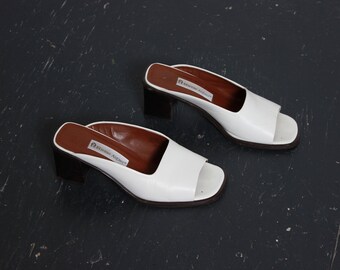 White Leather Backless Mules / Two Inch Heel Loafers / Size 8 W