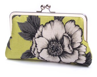 Peony flower clutch bag, chartreuse bloom, embroidered flowers handbag, bridal, bridesmaid