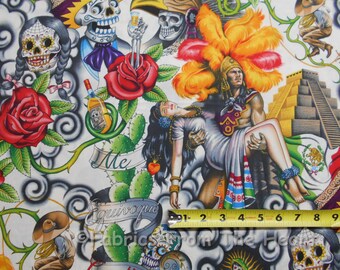 Contigo Forkloric Skulls Roses on White BY YARDS Alexander Henry Cotton Fabric