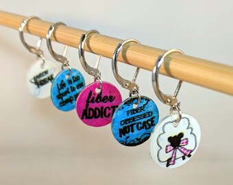 Fiber Addict - Set of 5 Stitch Markers for Knitters and Crocheters