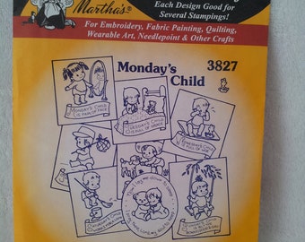 Aunt Martha's Mondays Child Aunt Marthas Hot Iron Transfers for Embroidery Fabric Painting Quilting Wearable Art Needlepoint Crafts 3827