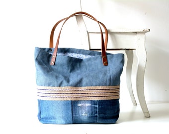 Denim bag with leather straps and stonewashed blue linen, recycled denim bag, canvas tote bag, pure linen, jeans bag, denims bags