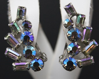 Vintage AB Rhinestone Earrings 1950s Retro Aurora Borealis