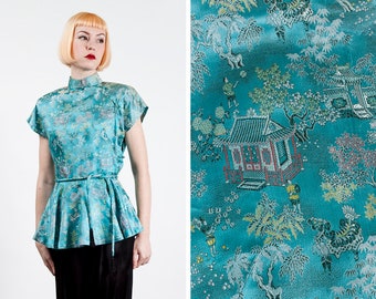 Vintage 1950s Aqua Blue Brocade Chinese / Cheongsam / Mandarin Collar Blouse